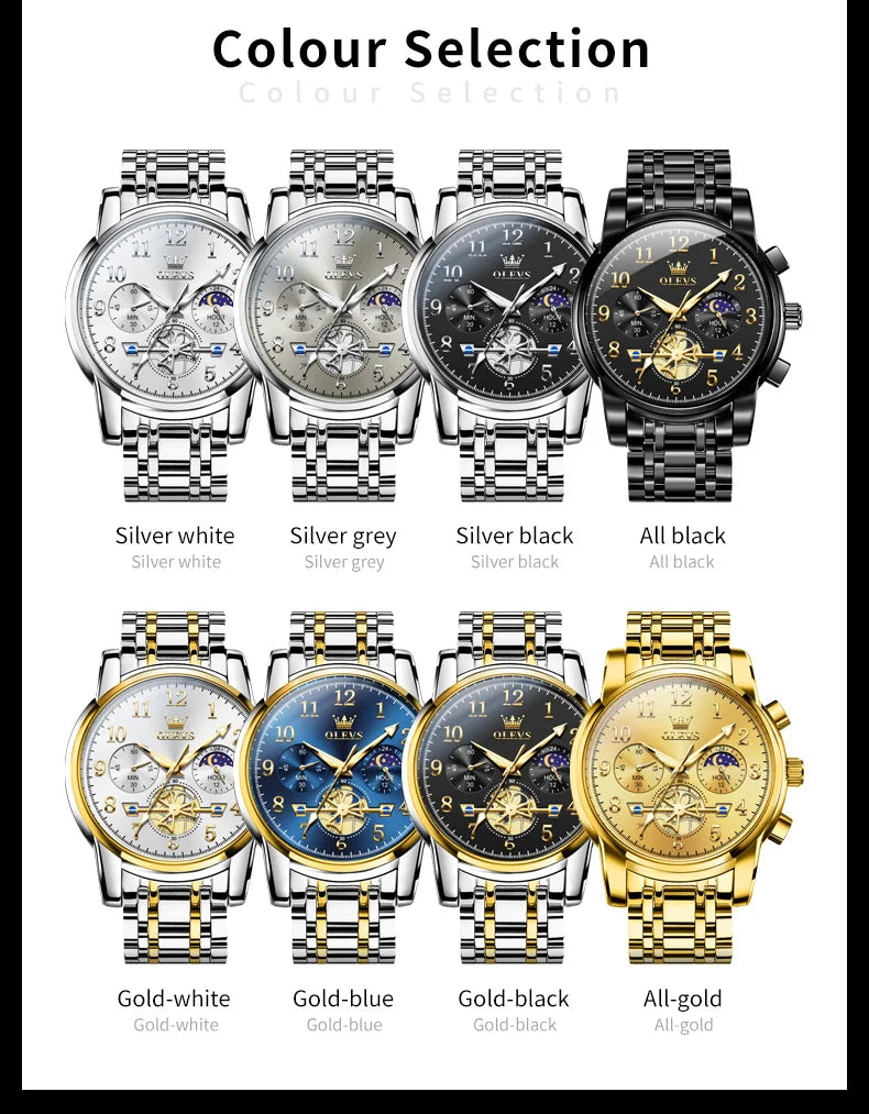 OLEVS 2900 Mens Watch Original Stainless Steel Watches For Men Calendar Moon Phase Quartz Watch Chronograph Freebie Reloj