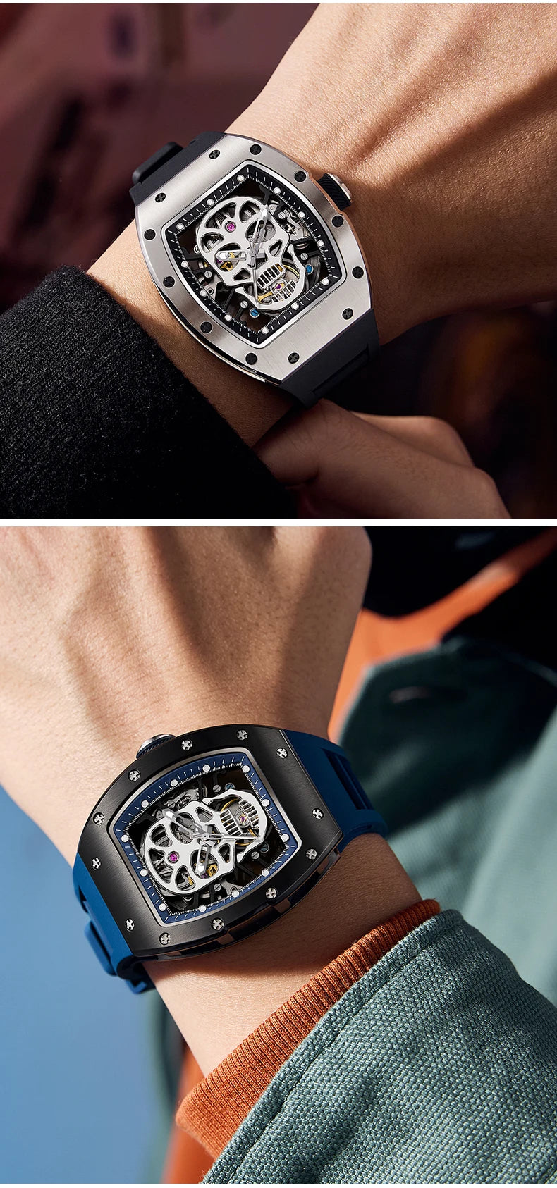 Unique Men Watch Tonneau Casual Wristwatch Soft Silicon Band Fashion Men's Wrist Watches Hollow Out Analog Automatic Watches