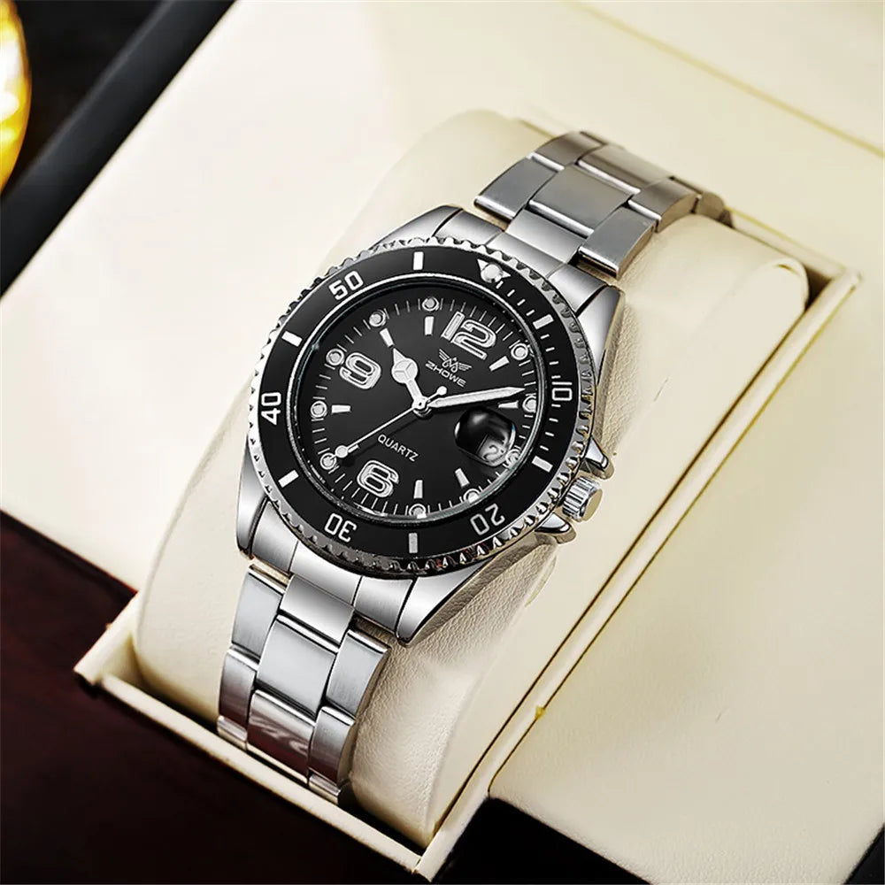 Men Black luxury Brand Sport Calendar Quartz Watch Stylish Silver Stainless Steel Strap Business Men's Clock Wristwatches