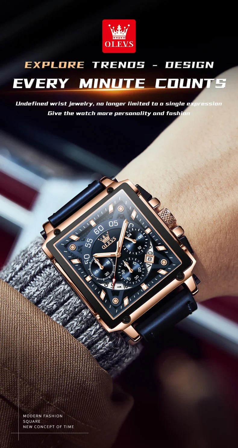 OLEVS 9919 Chronograph Multifunctional Quartz Men's Watch Leather strap 45MM Square Big Dial Leisure Sports TOP Brand Male Watch