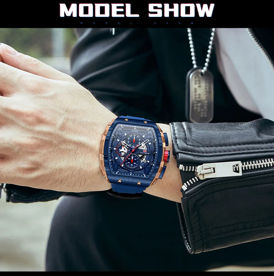 MINI FOCUS Chronograph Quartz Watches for Men Military Sport Silicone Strap Waterproof Wristwatch with Tonneau Dial Auto Date