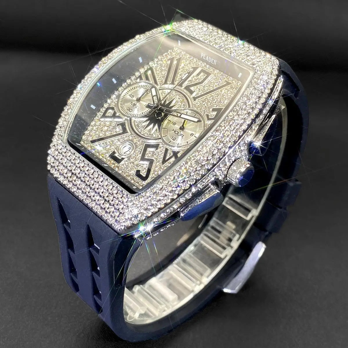 PLADEN Fashion Iced Out Watches Men Casual Blue Silicone Strap Quartz Wristwatch Man's Luxury Diamond Bling Tonneau Clocks 2026