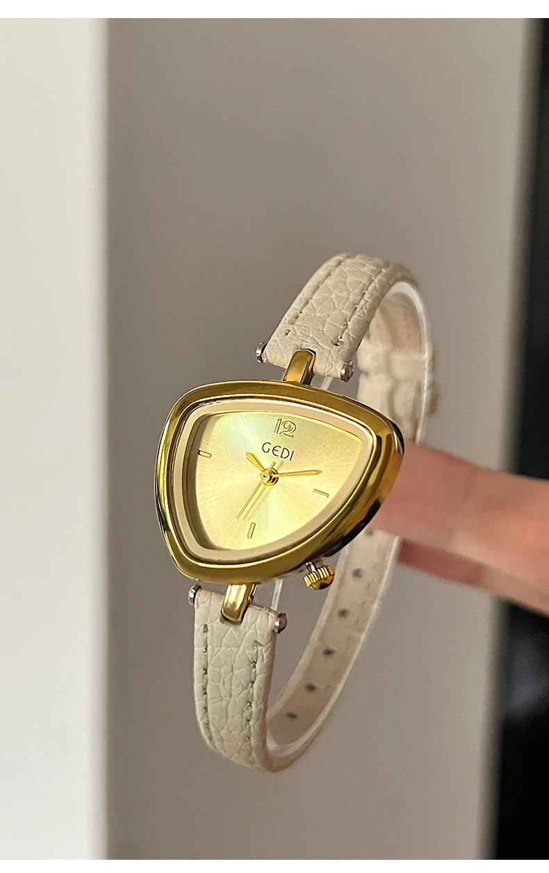 GEDI Vintage Watch Leather Light Luxury Simple Unique Irregular Dial Ladies Watches Elegant Quartz Waterproof Women's Wristwatch