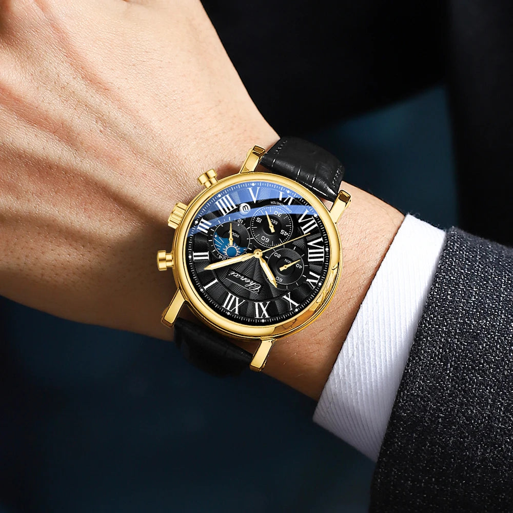 CHENXI Multifunction Men's Watches Business Roman Numerals Leather Strap Quartz Man Watch Chronograph Moon Phase Calendar