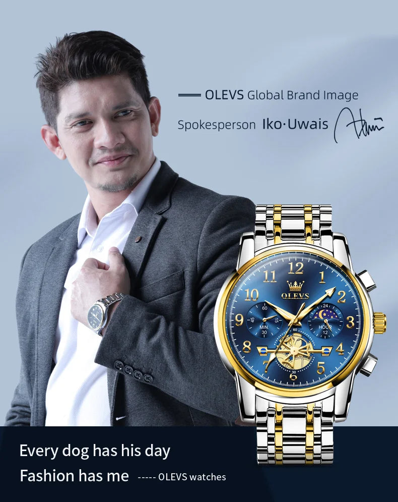 OLEVS 2900 Mens Watch Original Stainless Steel Watches For Men Calendar Moon Phase Quartz Watch Chronograph Freebie Reloj