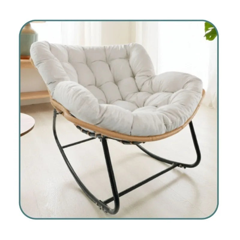 Rattan Rocking Chair with Thick Cushion Modern Wicker Oversized Lounge Egg Chair for Outdoor Patio Garden Indoor Home Furniture