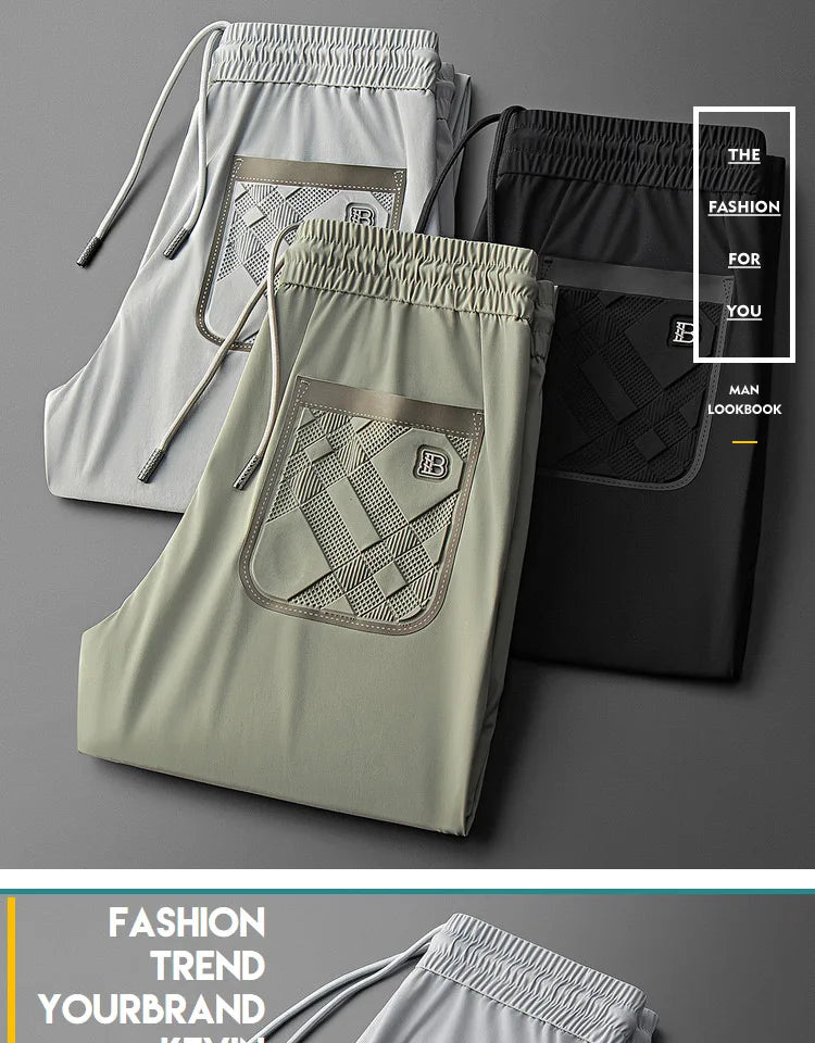 Luxury brand men's letter printed casual pants 2024 summer new ice silk comfortable and breathable casual pocket sports pants