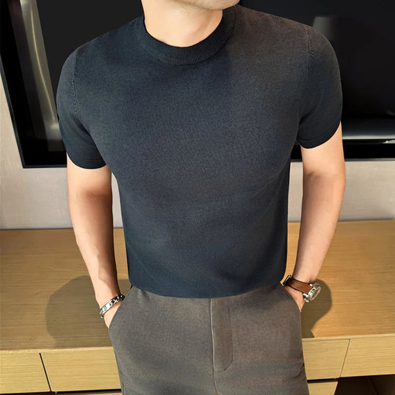 High-quality Men's Short-sleeve Knitted Sweater T-shirt O-Neck Solid Color Men Pullover T Shirts Slim Fit Stretch Undershirt Top