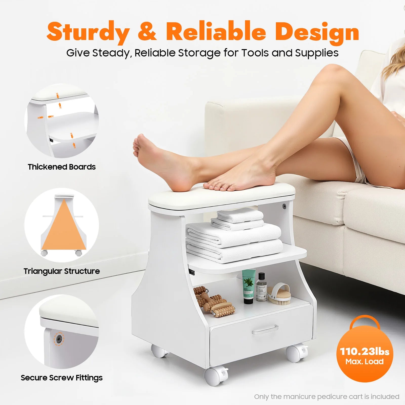 Portable Beauty Salon Foot Bath Trolley Pedicure Manicure Foot Rest with Massage Function Foot Spa Table White