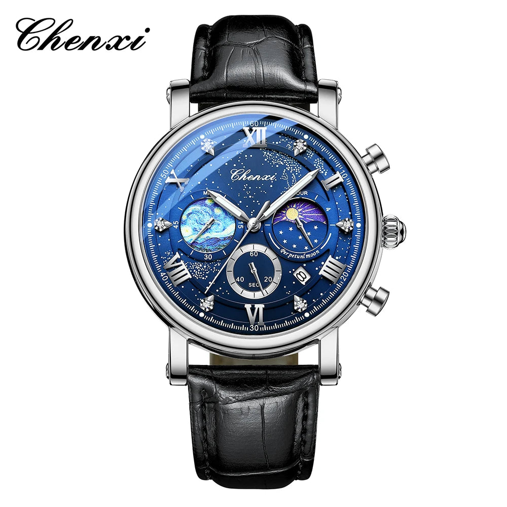 CHENXI Multi-functional Fashion Men's Watches Luminous Moon Phase Chronograph Men Wristwatches Calendar Quartz Watch For Man