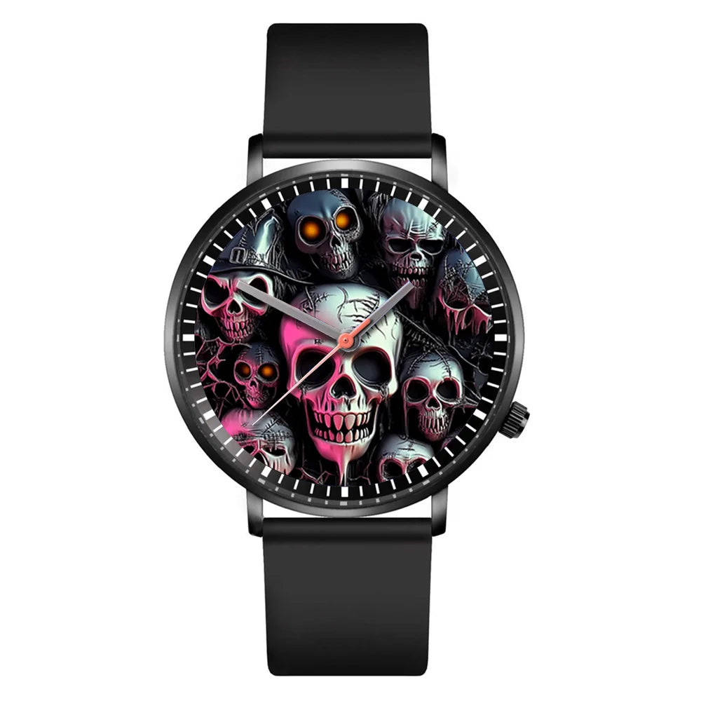 Hot 2025 Skull Simple Design Men's and Women's Quartz Watch Casual Silicone Black Women's Fashion Halloween Gift Wristwatch