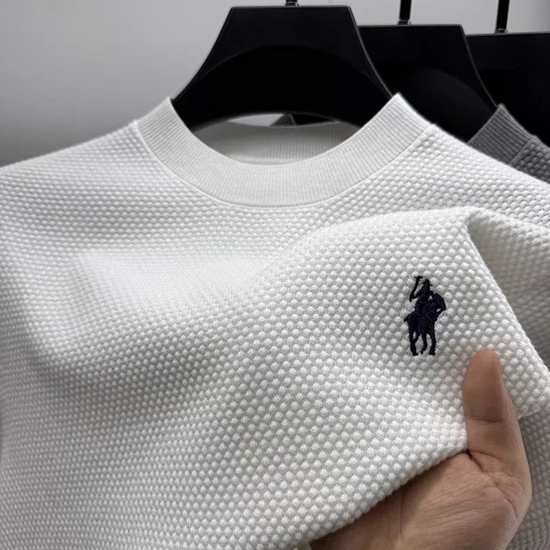 Luxury 100% cotton knitted short sleeve T-shirt high-end brand pony embroidery summer solid color  men's casual round neck top