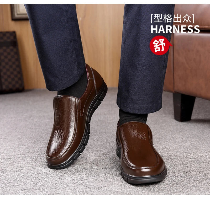Mens Black Genuine Leather Slip On Loafers Soft Cushioned Sole Comfortable Business Casual Shoes For Middle Aged Dad Daily