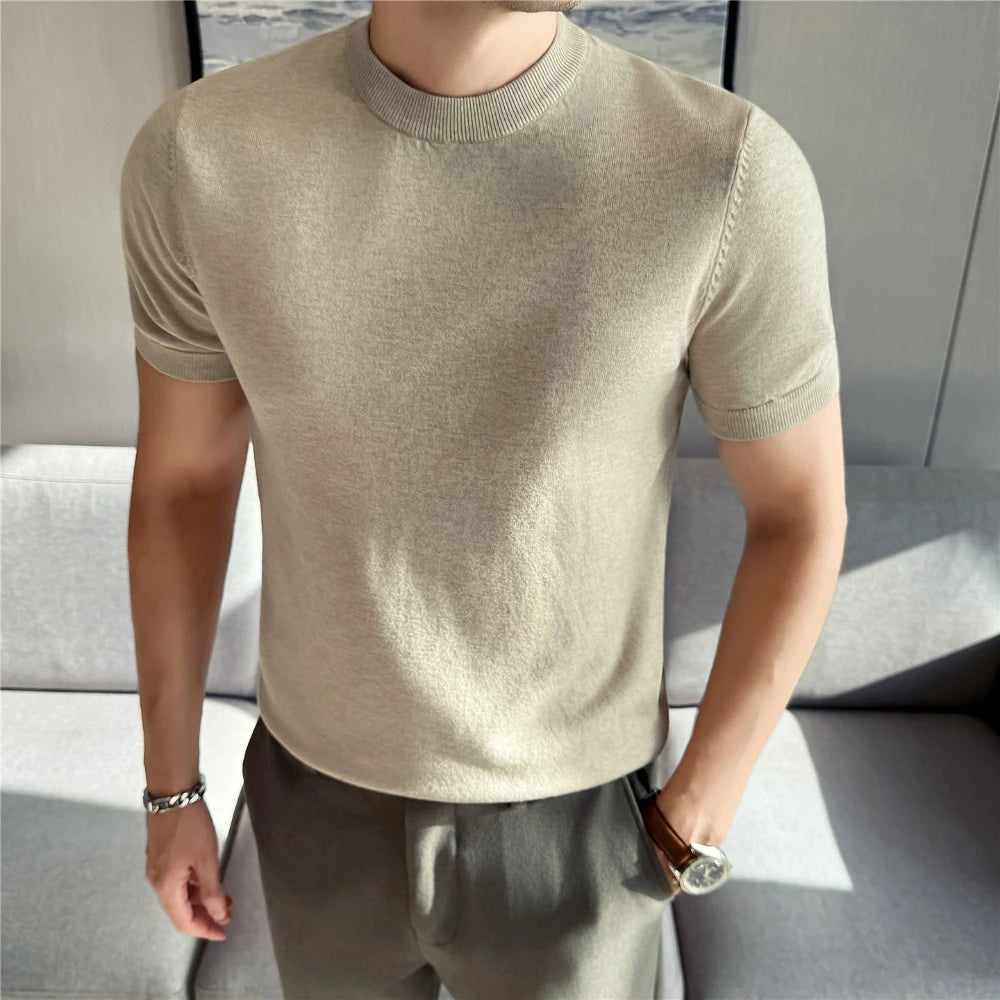 High-quality Men's Short-sleeve Knitted Sweater T-shirt O-Neck Solid Color Men Pullover T Shirts Slim Fit Stretch Undershirt Top