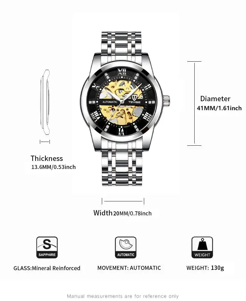 TEVISE  Men Automatic Mechanical Wrist Watch Luxury Brand Stainless Steel Mens Watch Fashion Skeleton Watches