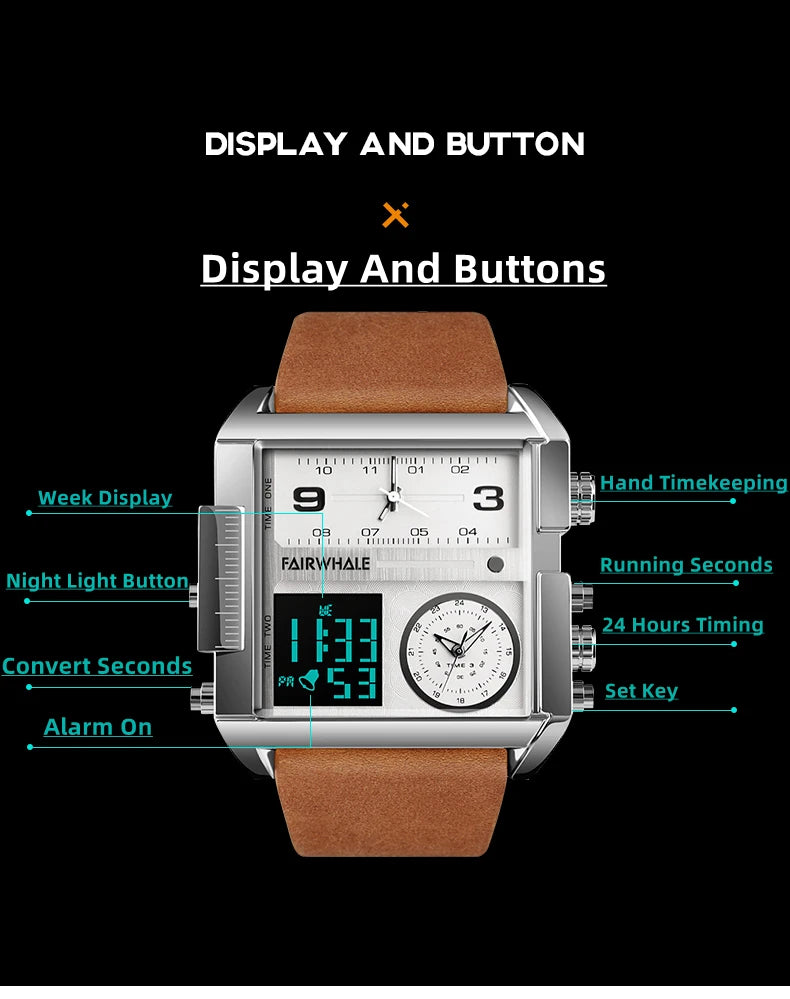 Mark Fairwhale Luxury Quartz Watches Men Fashion Brown Leather Strap Clock Military Waterproof Square Electronic WristWatch Man