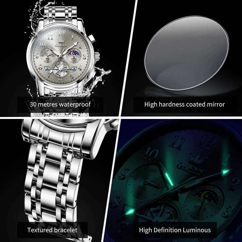 OLEVS 2900 Mens Watch Original Stainless Steel Watches For Men Calendar Moon Phase Quartz Watch Chronograph Freebie Reloj