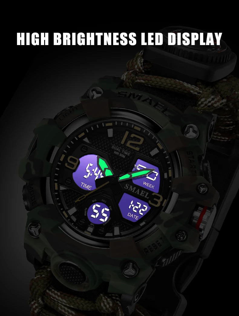 SMAEL 8008N Men's Military Sport Watch - 50M Waterproof LED Dual Time Alarm Stopwatch Compass SOS Shockproof
