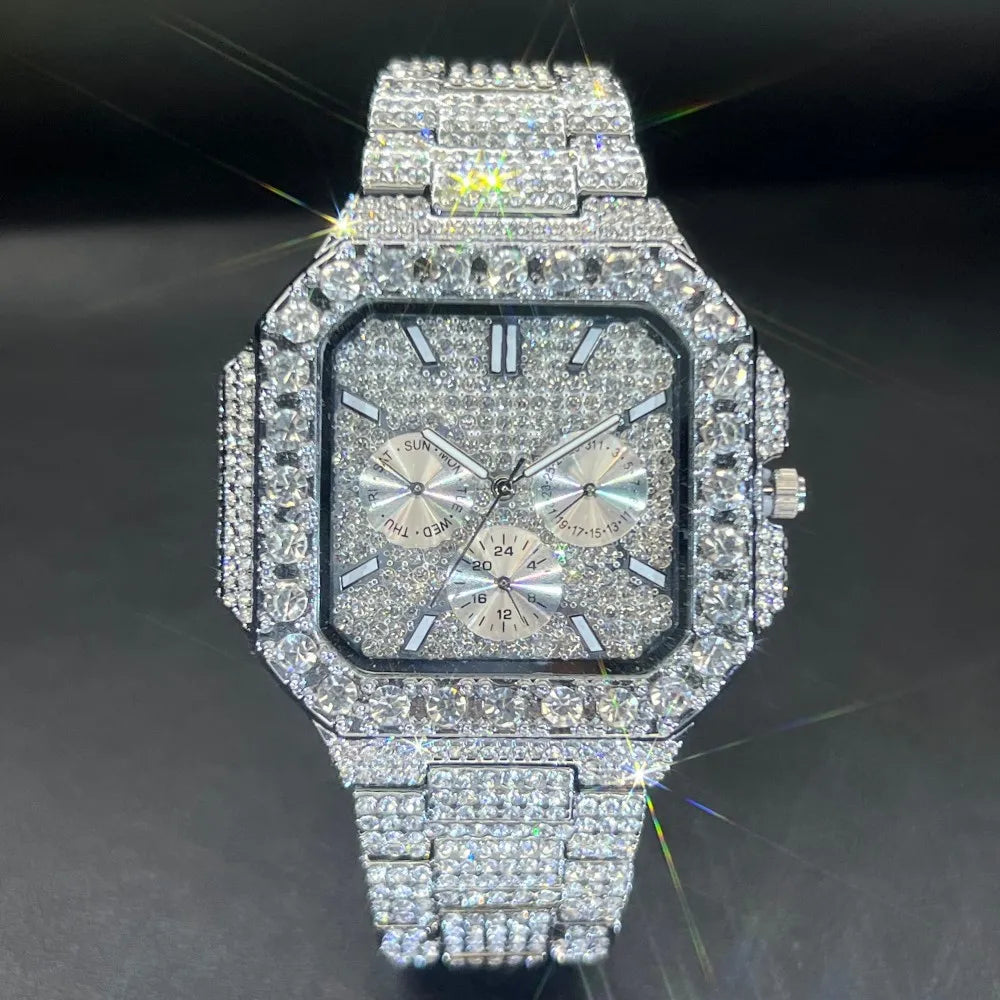 MISSFOX Luxury Diamond Watch for Men Hip Hop Style BlingBling Iced Out Wristwatch Fashion Gold Square Waterproof Clock 2025