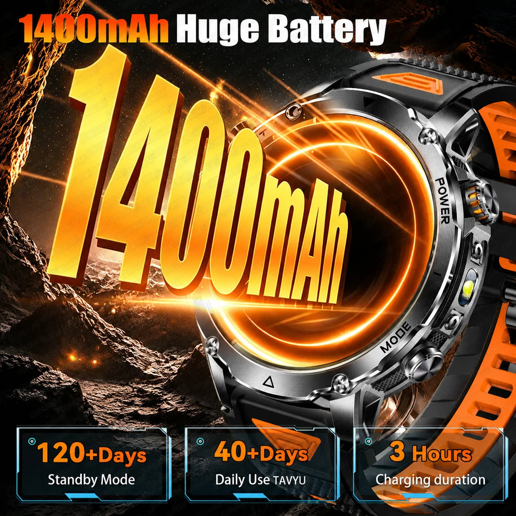 2026 New Military 1400mAh Battery Smart Watch Men Outdoor Flashlight 10ATM Waterproof Heart Rate Bluetooth Call Sports Bracelets