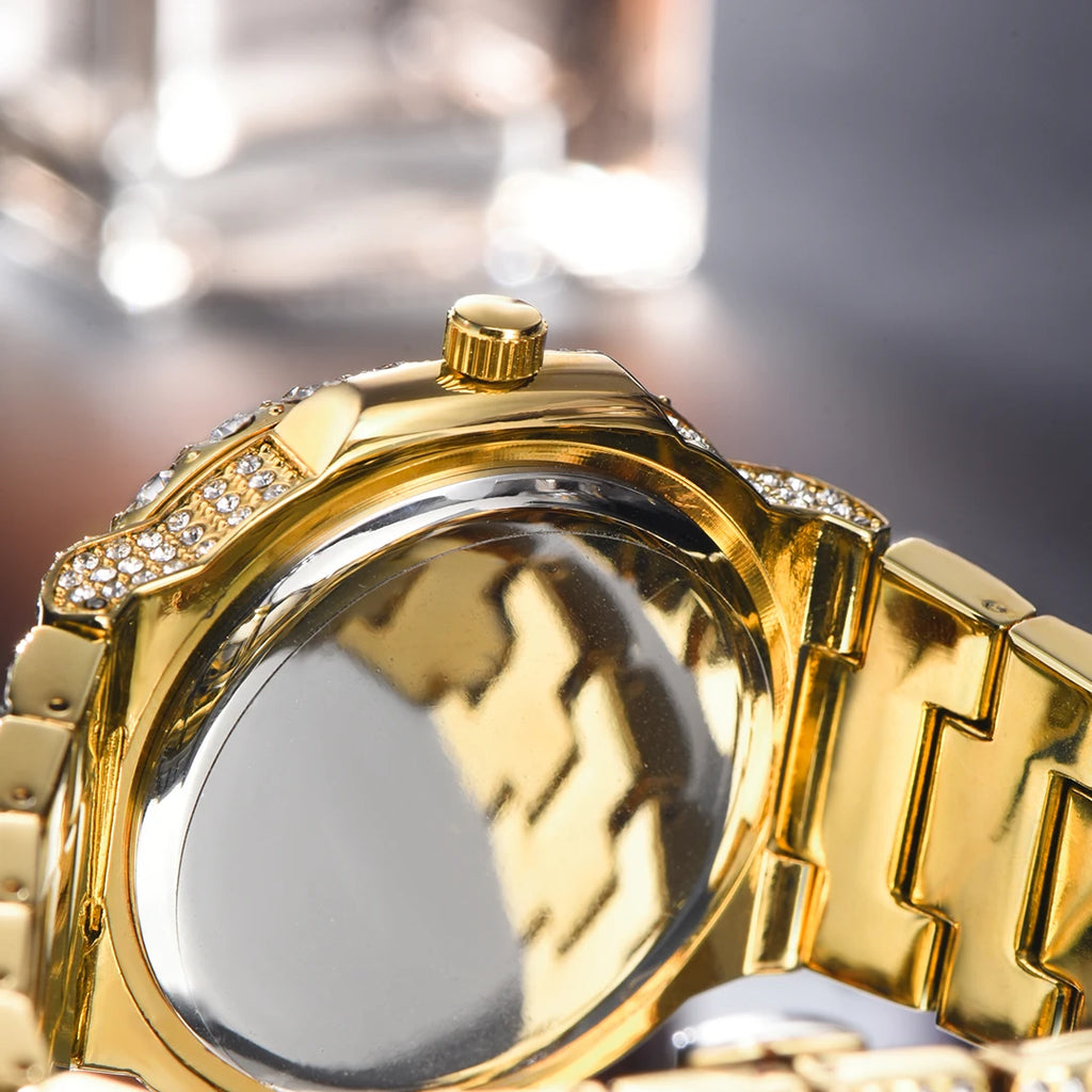 Hot Sell Luxury Iced Watch Mens Fashion Stainless Steel Gold Wristwatch Hip Hop Diamond Bling Jewelry Watch For Man Reloj Hombre