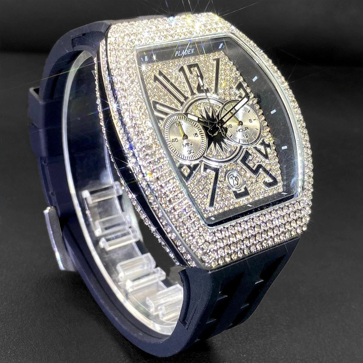 PLADEN Fashion Iced Out Watches Men Casual Blue Silicone Strap Quartz Wristwatch Man's Luxury Diamond Bling Tonneau Clocks 2026