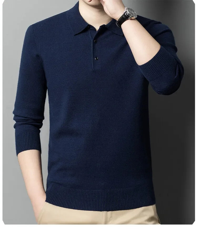 Autumn and Winter New Warm Soft Pullover Men's Business Lapel Knitwear Casual Solid Color Long Sleeve Polo Shirt Office