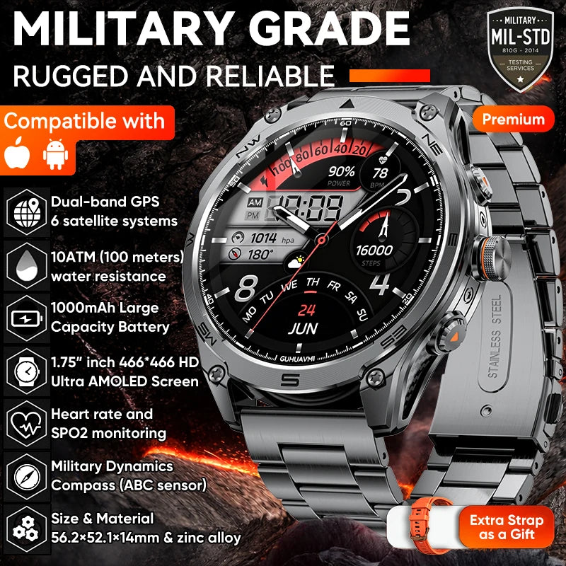 2026New Military Grade 1000mAh Battery GPS Smart Watch 10ATM Waterproof Compass Altimeter Call AMOLED Men Swim Sports Smartwatch