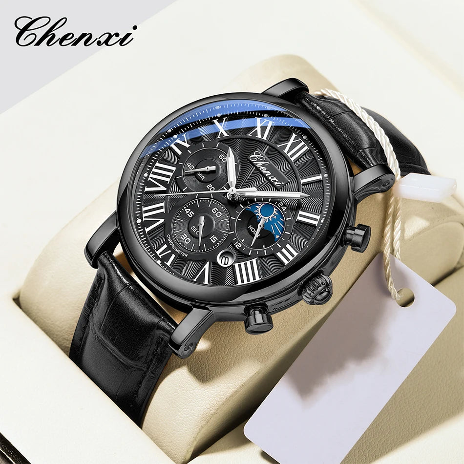 CHENXI Multifunction Men's Watches Business Roman Numerals Leather Strap Quartz Man Watch Chronograph Moon Phase Calendar