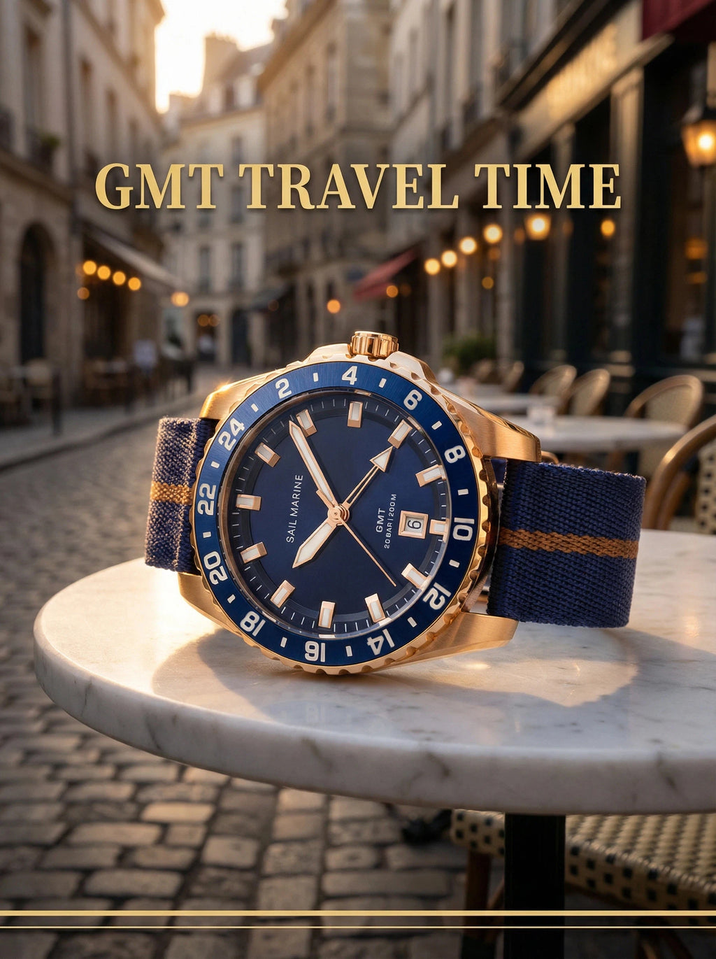 Top Quality Rose Gold Men's Luminous Casual Watch Fabric Strap GMT Quartz Wristwatch Stainless Steel Case 20 Bar Deep Waterproof