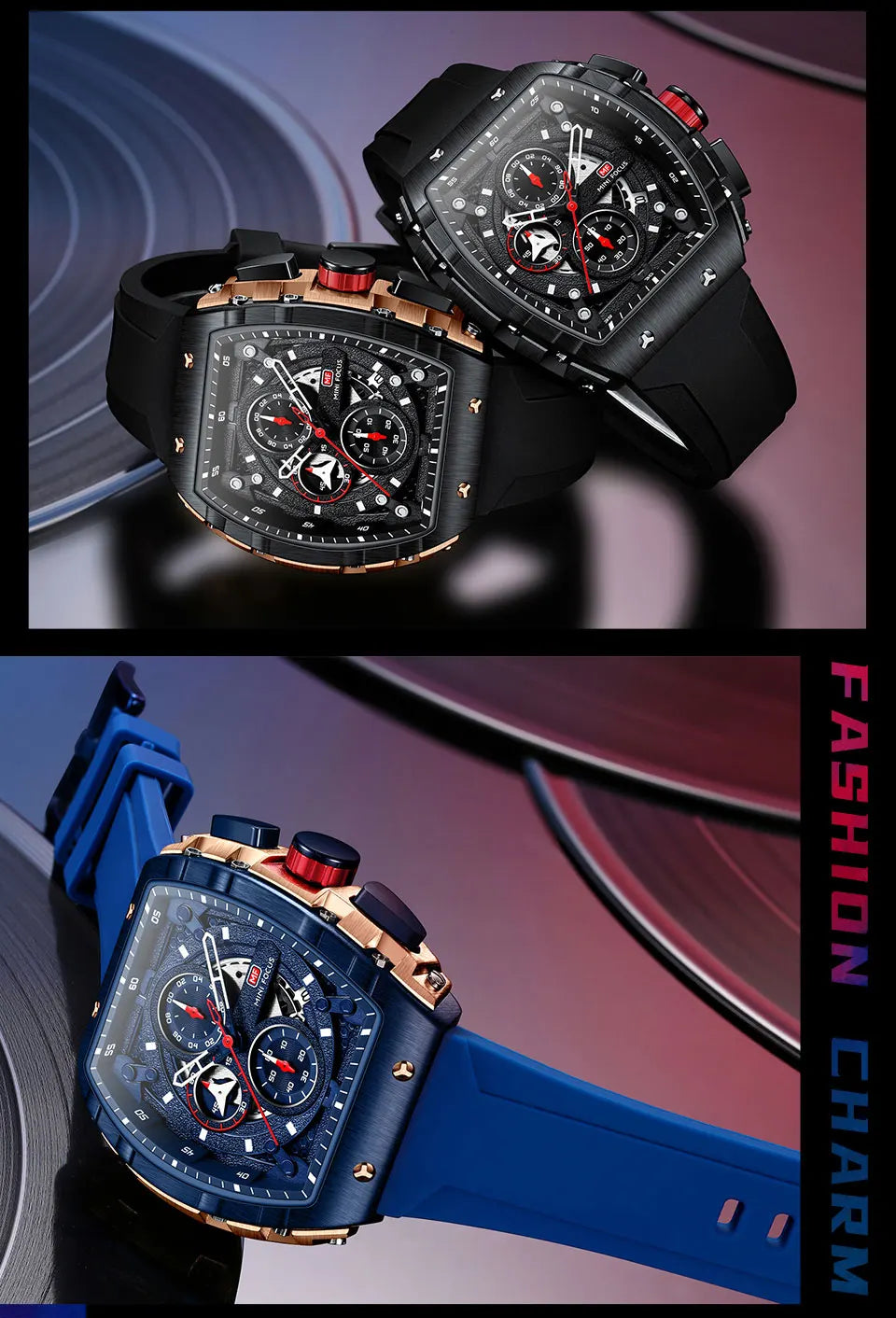 MINI FOCUS Chronograph Quartz Watches for Men Military Sport Silicone Strap Waterproof Wristwatch with Tonneau Dial Auto Date