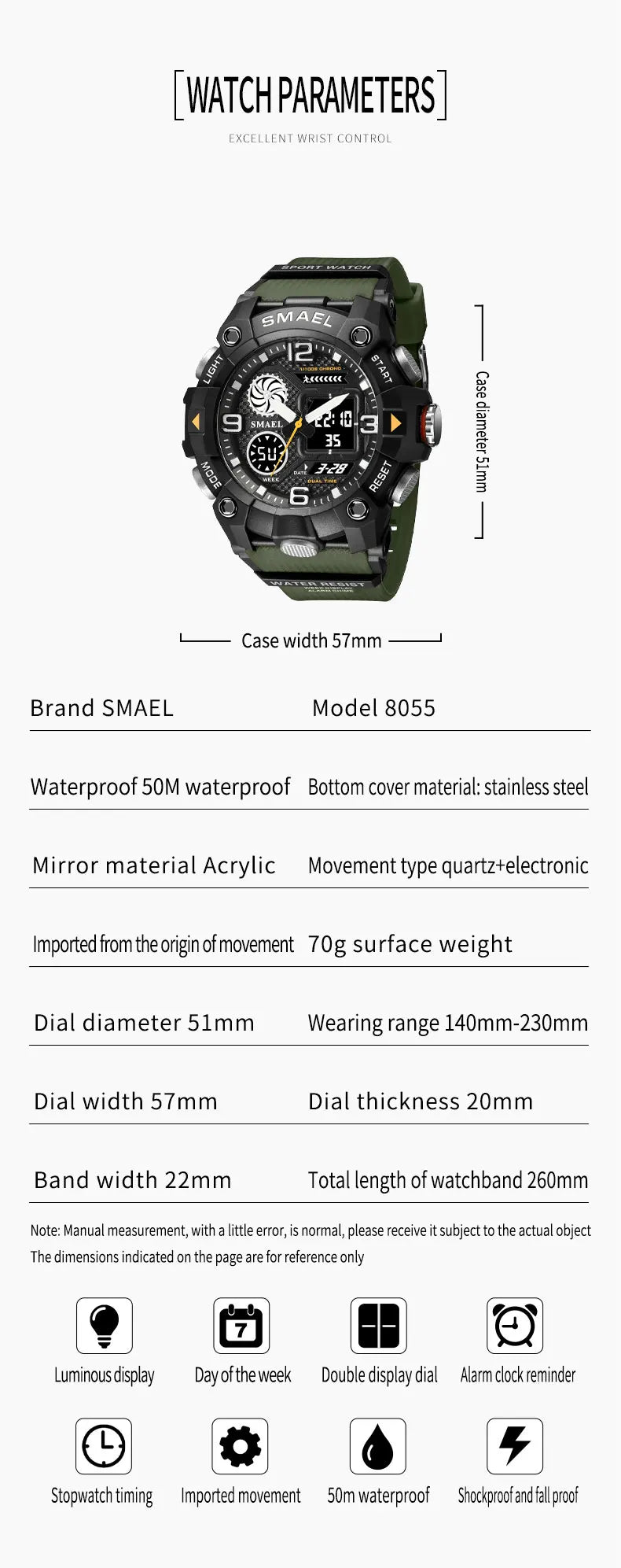 SMAEL Quartz Watch Sport 50M Waterproof Stopwatch Week Display LED Digital Alarm Clock Male 8055 Men Watches Sports Wristwatches