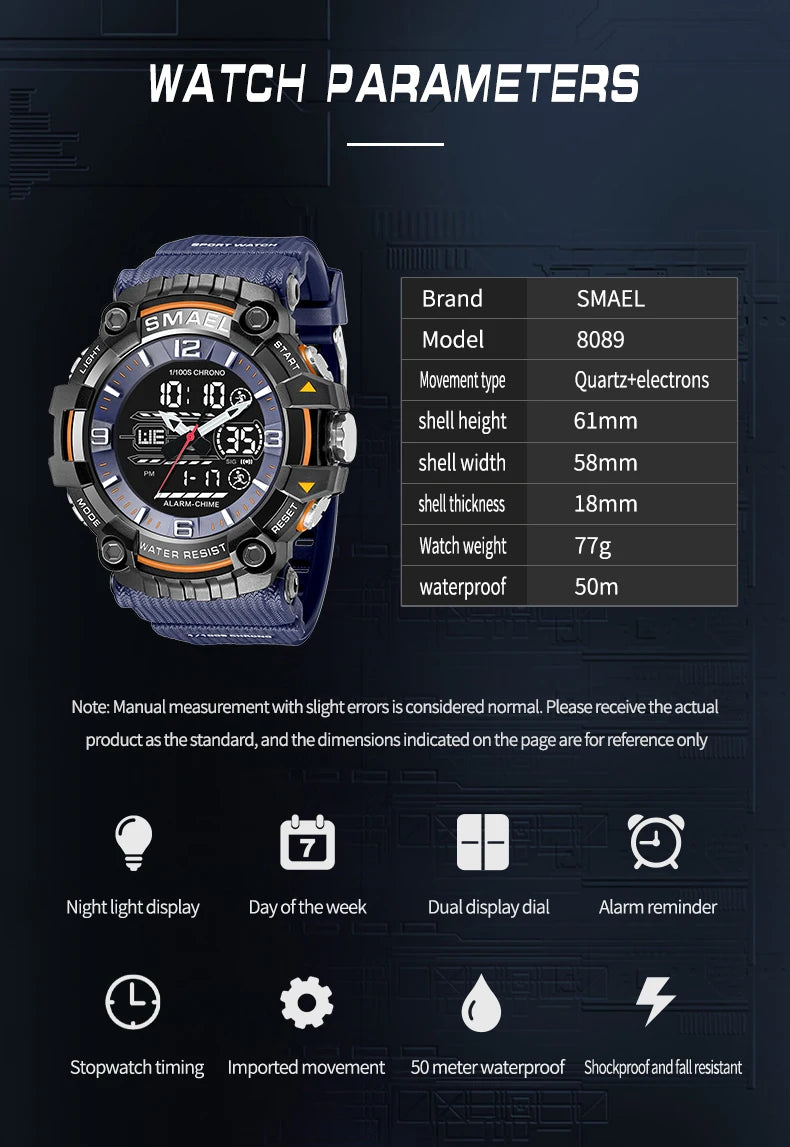 SMAEL Watch Men Sport Alarm Clock For Men 50M Waterproof Wristwatches 8089 Original Brand Men's Wristwatch Quartz Sports Watches