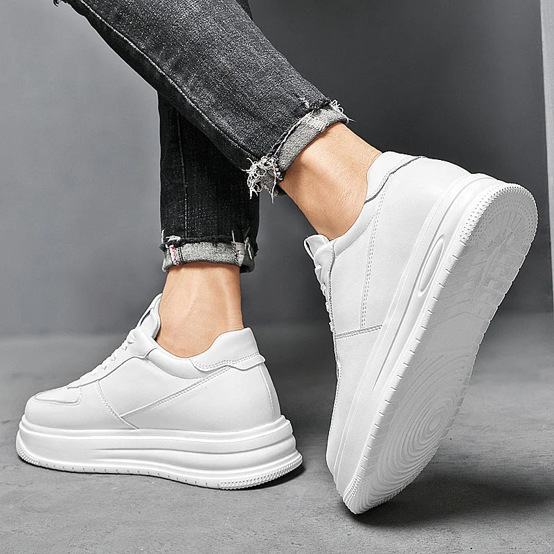 British Style Casual Leather Men's Vulcanized Shoes Fashion Low Top Thick Bottom Antiskid Sneakers Genuine Leather Board Shoes