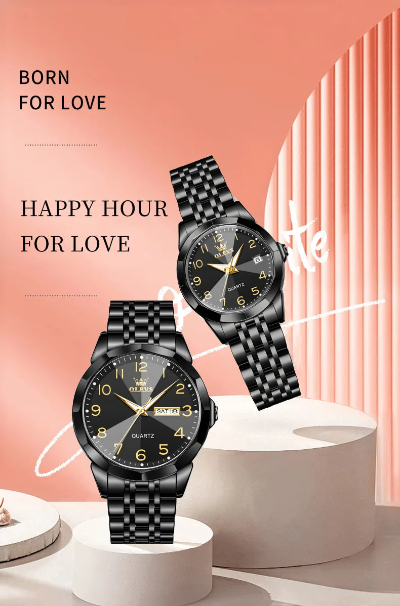 OLEVS 9970 Couple Watch For Men Women Luxury Number Dial Rhombus Mirror Quartz Hand Clock Stainless Steel Original Dress Watches