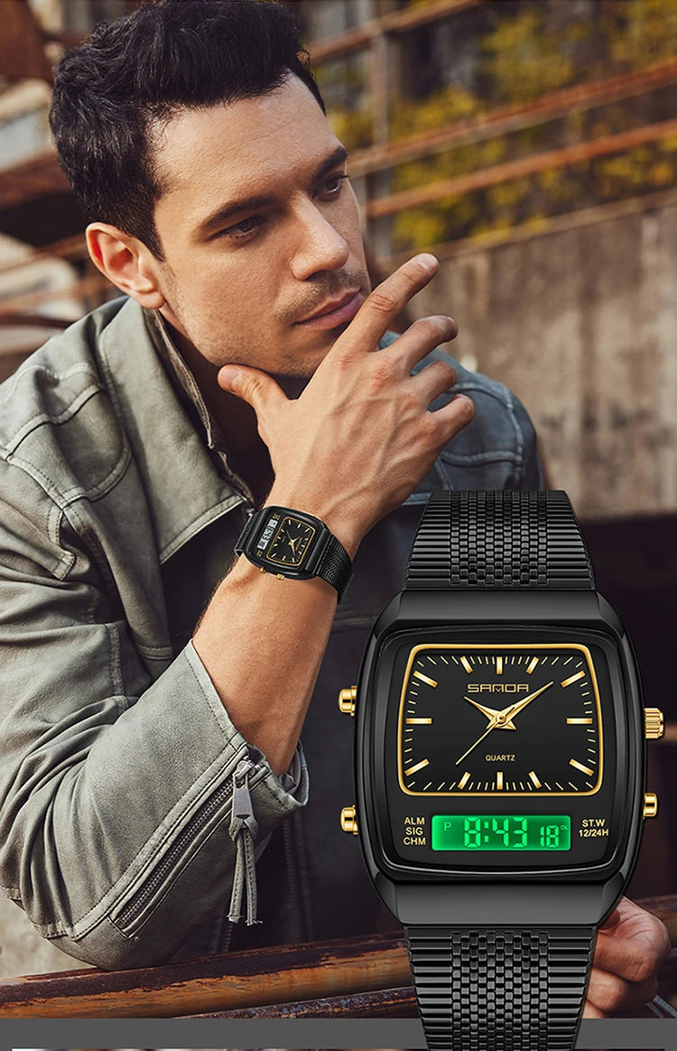 SANDA Outdoor Dual Display Men's Watch Luminous Waterproof TPU Strap Large Dial Chronograph Calendar Sports Wristwatch