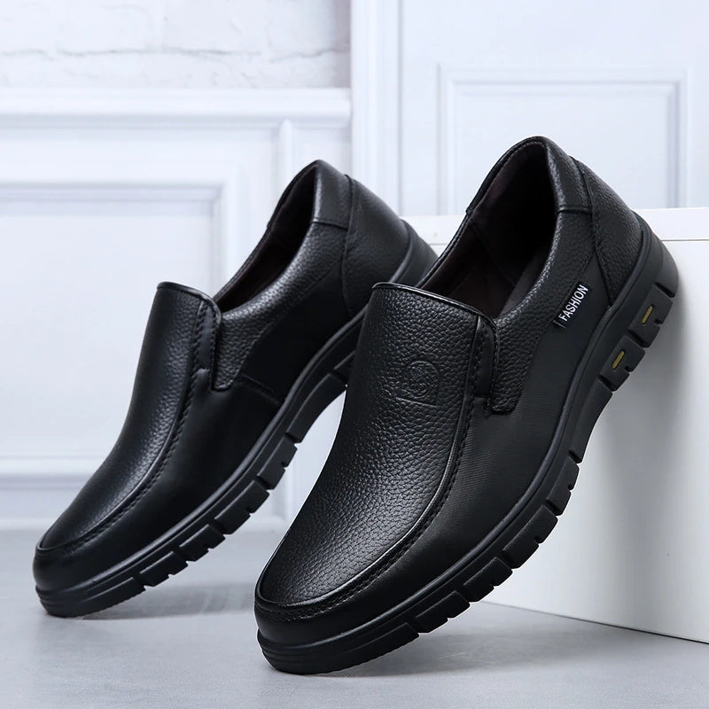 Mens Black Genuine Leather Slip On Loafers Soft Cushioned Sole Comfortable Business Casual Shoes For Middle Aged Dad Daily