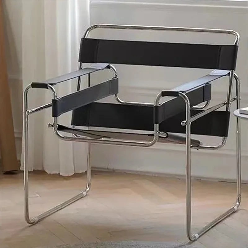 Mid Century Modern Leather Sling Chair Bauhaus Tubular Steel Minimalist Lounge Armchair