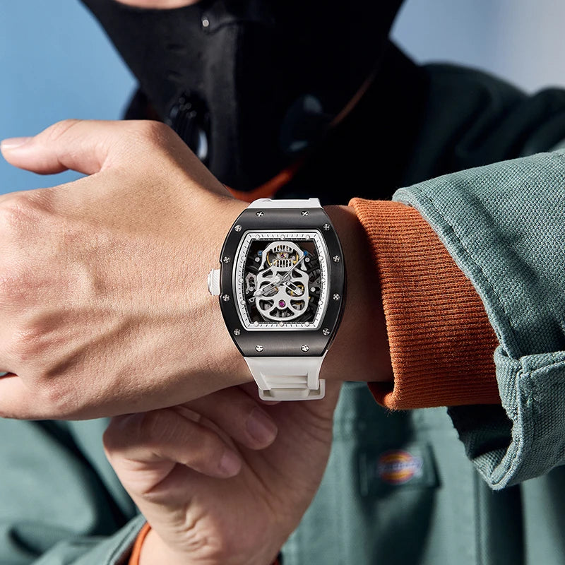 Unique Men Watch Tonneau Casual Wristwatch Soft Silicon Band Fashion Men's Wrist Watches Hollow Out Analog Automatic Watches