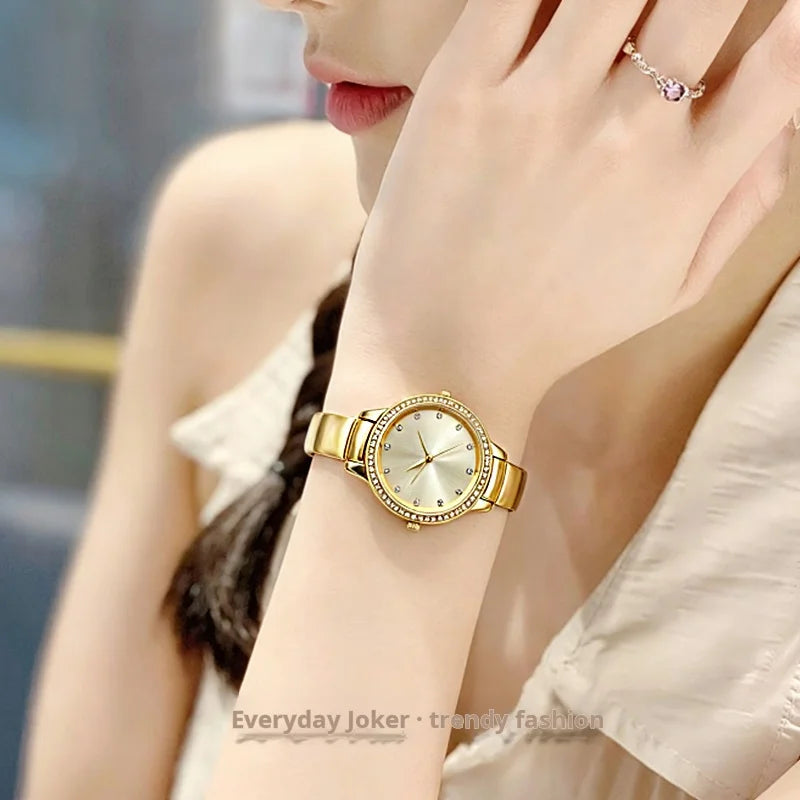Fashionable Women's Watch Diamond-Set Round Classic Bangle Watch with Rhinestone Markers—Simple Elegant Luxe-Style Quartz Watch