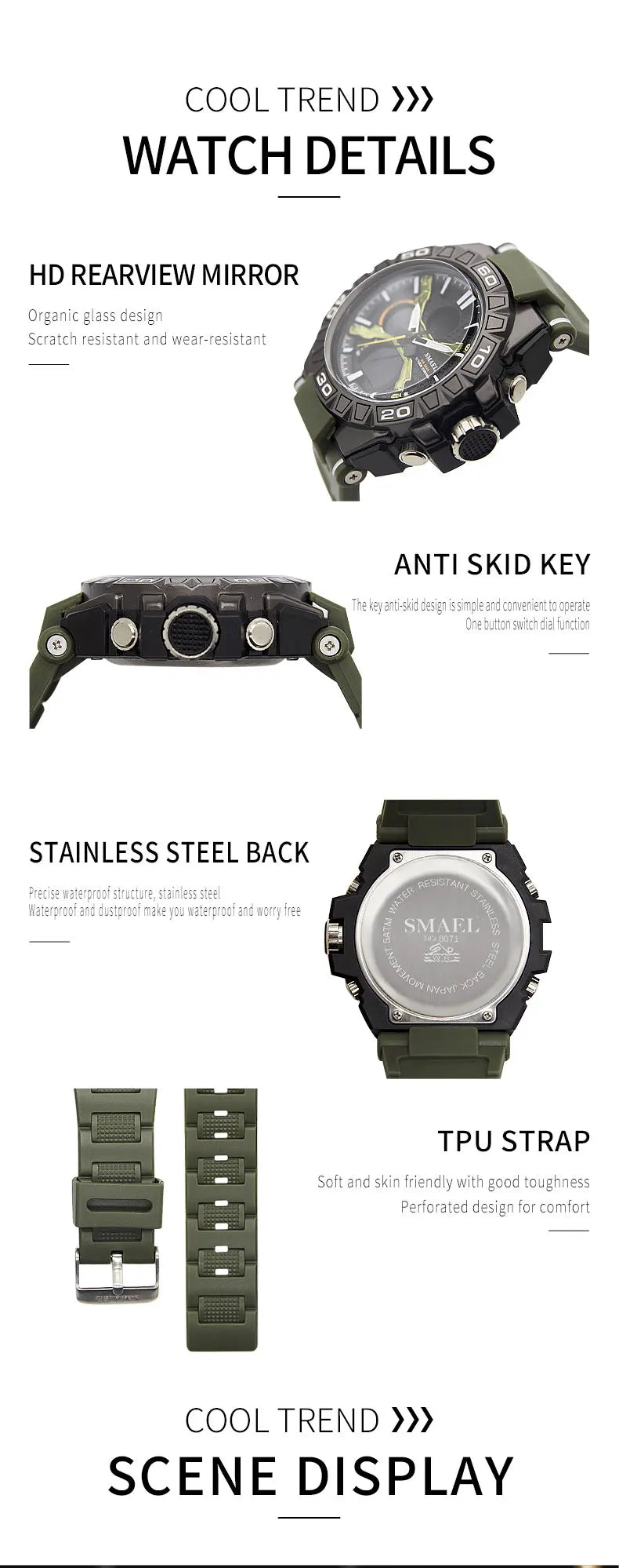 New Men Fashion Watches Quartz Watch Waterproof 50M Man Digital Watch Led 8071 Smael Brand Watch Military Sports Dual Display