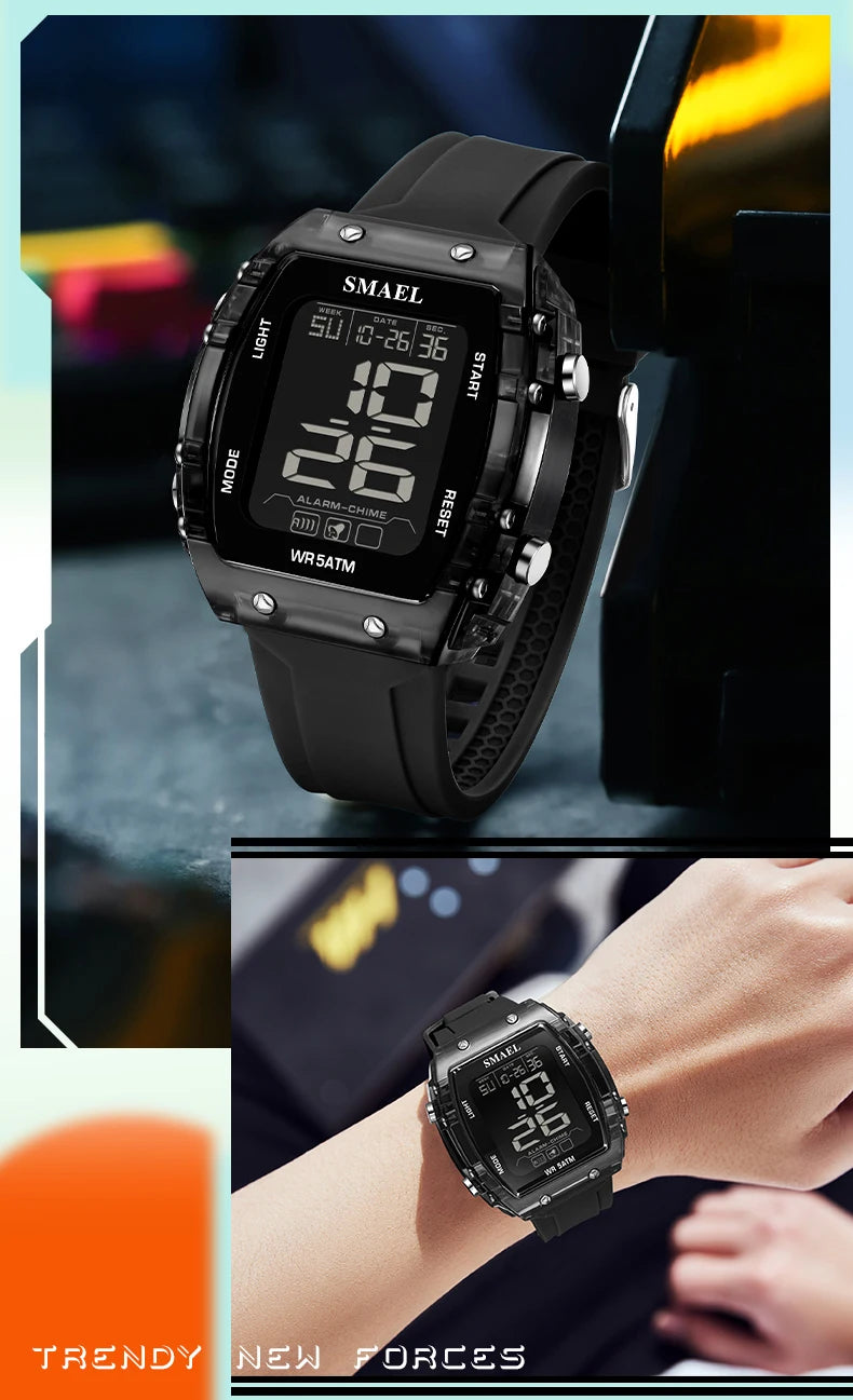 SMAEL Watches for Women LCD Digital Movement Silicone Strap Clock Fashion Trend Waterproof Sport Electronic Wristwatches Female