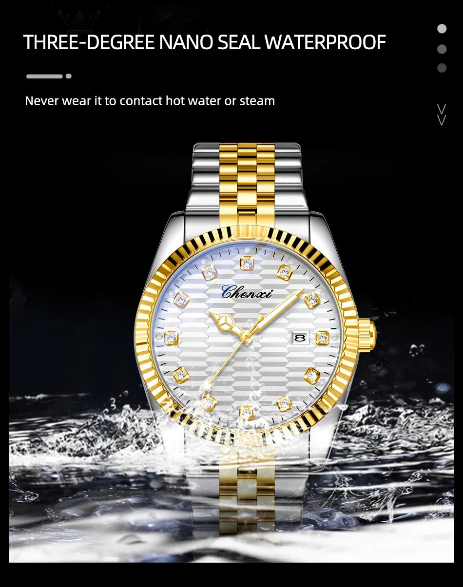 CHENXI Man Watch Classic Fashion Gold Quartz Steel Strap Watches Men Diamond-Set Round Luminous Water-Resistant Date