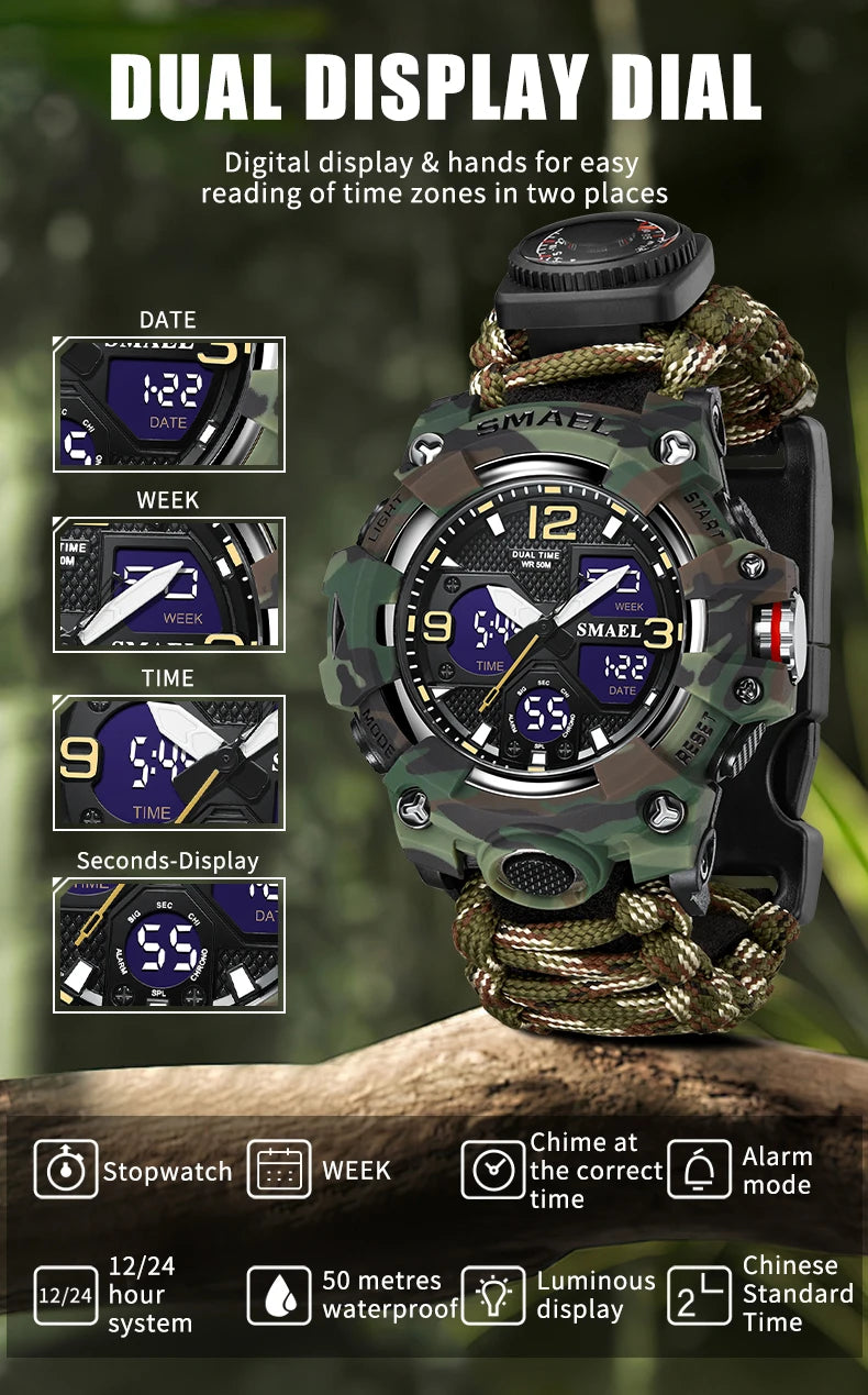 SMAEL 8008N Men's Military Sport Watch - 50M Waterproof LED Dual Time Alarm Stopwatch Compass SOS Shockproof