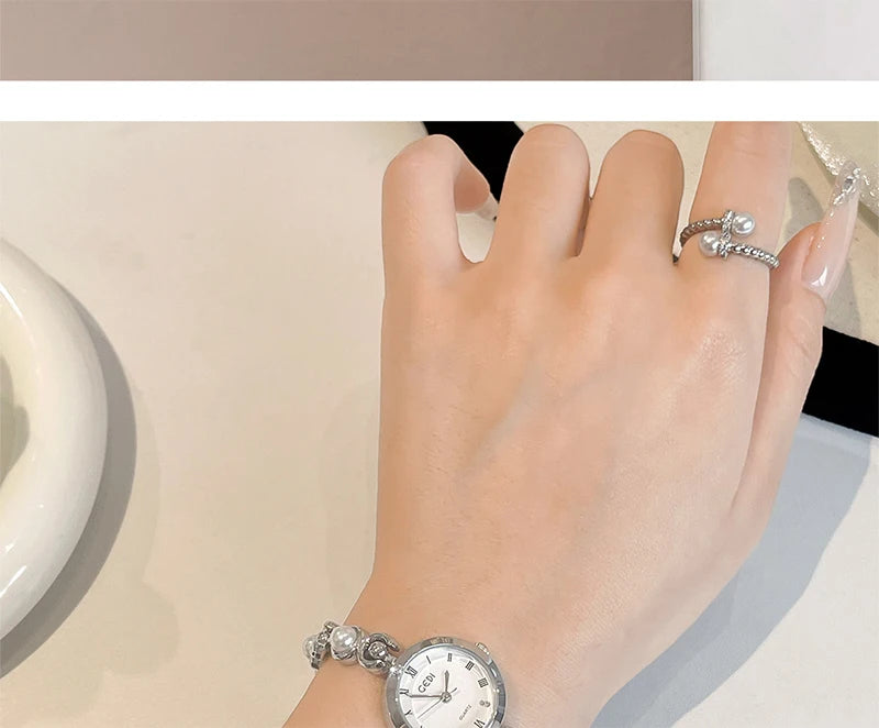 GEDI New Fashion Watch for Women Pearl Chain Temperament Wristwatches Vintage Luxury Elegant Waterproof Quartz Watches Ladies