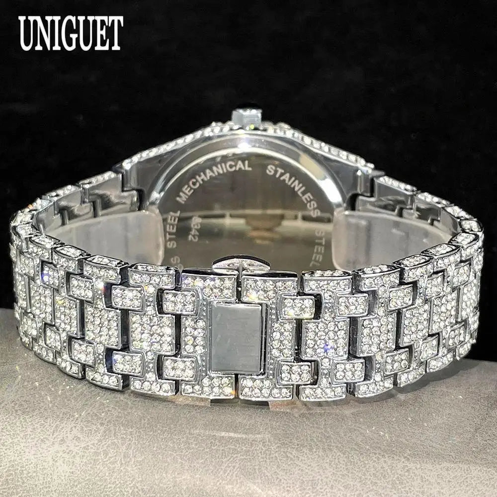 UNIGUET Fashion Iced Out Watch Mens Luxury Waterproof Quartz Watch For Man Hip Hop High Quality Big Diamond Wristwatch Hot Sale