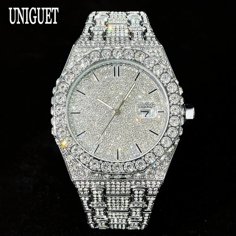 UNIGUET Fashion Iced Out Watch Mens Luxury Waterproof Quartz Watch For Man Hip Hop High Quality Big Diamond Wristwatch Hot Sale