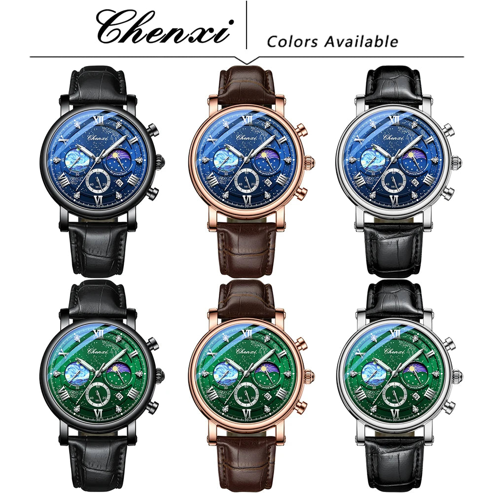 CHENXI Multi-functional Fashion Men's Watches Luminous Moon Phase Chronograph Men Wristwatches Calendar Quartz Watch For Man