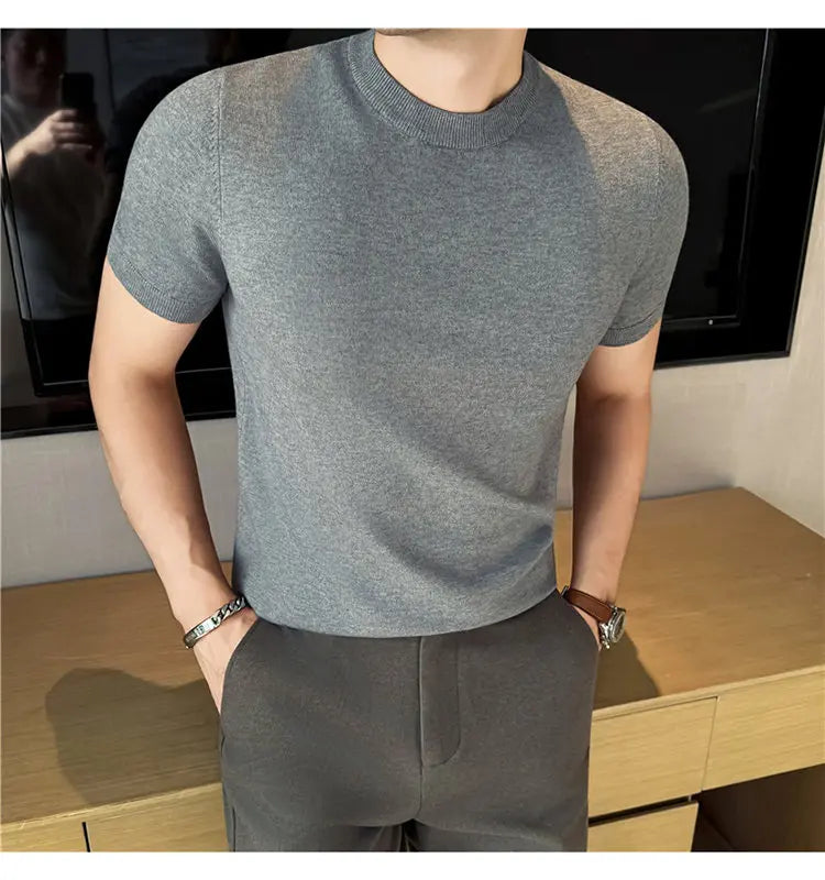 High-quality Men's Short-sleeve Knitted Sweater T-shirt O-Neck Solid Color Men Pullover T Shirts Slim Fit Stretch Undershirt Top