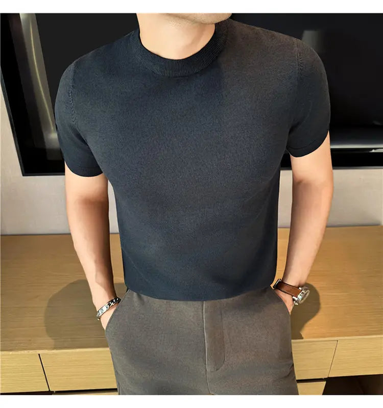 High-quality Men's Short-sleeve Knitted Sweater T-shirt O-Neck Solid Color Men Pullover T Shirts Slim Fit Stretch Undershirt Top